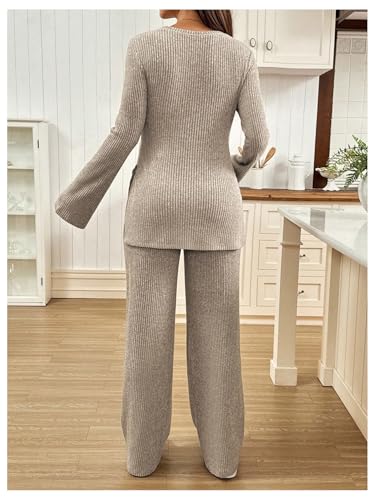 RoseSeek Women's Maternity 2 Piece Ribbed Knit Fall Pregnancy Outfits - color: Apricot, size: Medium