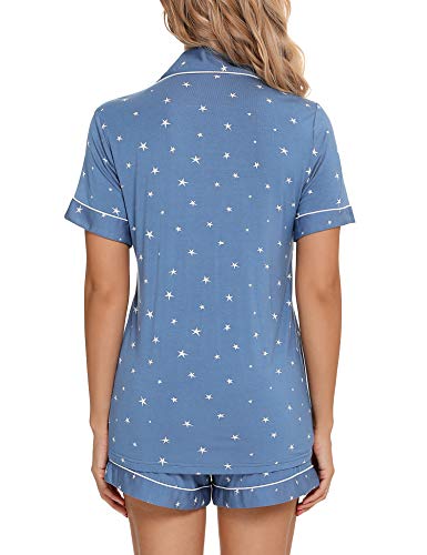Senert Womens Pajamas Sets Soft Button Down Short Sleeve Sleepwear - color: A Lake Blue With Star With Line, size: XX-Large
