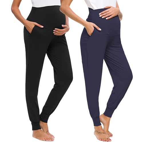 Liu & Qu Women's Maternity Pants Stretchy Sweatpants Jogger with Pockets - color: Black+navy, size: X-Large