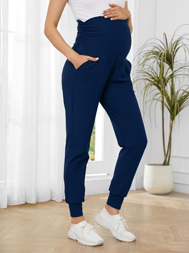 PARNIXS Maternity Two-Piece Set Basic Stretch Design with Pockets Soft Leggings for Active Moms Yoga Pants - Year-Round Wear - color: Black+deep Blue, size: Small