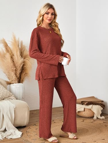 Kikibell Womens Sets 2 Piece Outfits Matching Lounge Set Cozy Knit Pajamas - color: Brick Red, size: Medium
