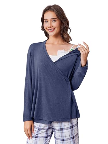 Deyeek Women's Post Shoulder Surgery Shirts Long Sleeve V-Neck Wrap Chemo Blouse Easy Access Adaptive Snap On Dialysis Shirts - color: Navy Blue, size: Large