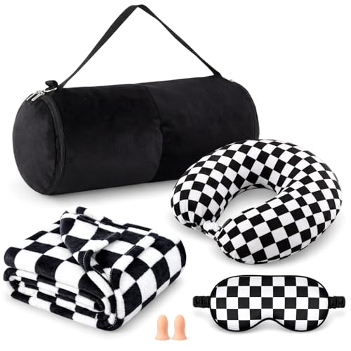 HunnmingRe 5 Pcs Travel Pillow Blanket Set, Airplane,Checkered,Black - color: Black, style: Checkered