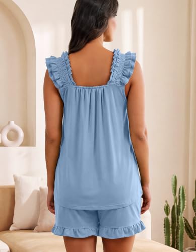 SIMIYA Pajamas for Women Set Ruffle 2 Piece Pj Sets Soft Bridal Sleepwear - color: Blue, size: Medium