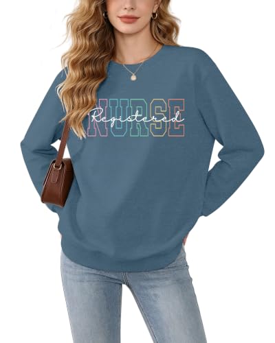 Registered Nurse Sweatshirt Women RN Nurse Long Sleeve Graphic Shirts - color: Blue, size: Large