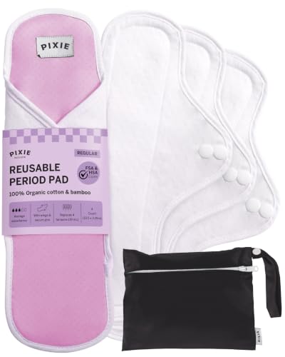 Pixie Cotton Cloth Pads for Feminine Care - 100% Organic Reusable Pads - Ranked 1 for Softest Menstrual Sanitary Napkins - Machine Washable & Includes Free Wet Bag - Menstrual Liner (Regular) - size: Regular | 4-Pack