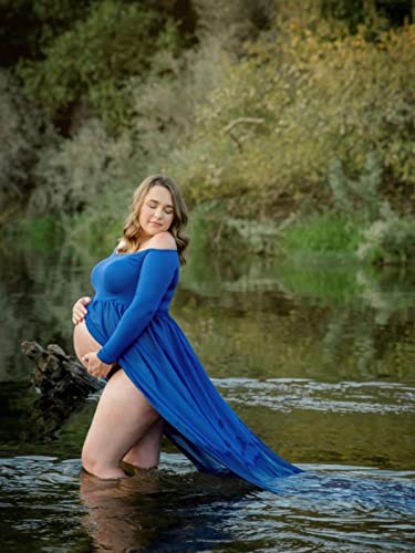 YnimioAOX Maternity Photoshoot Dress Off Shoulder Long Sleeve - color: Royal Blue
