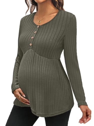 Genhoo Womens Maternity Tops Long Sleeve Maternity Shirts Henley Clothes - color: Army Green, size: Medium