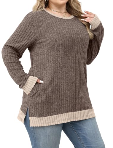 Sampeel Long Sleeve Shirts for Women Tunic Sweaters Fall Fashion Outfits - color: Brown, size: Medium