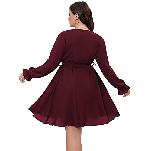 SCOMCHIC Women's Plus Size Long Sleeve Wrap V Neck A Line Mini Dress - color: Burgundy, size: 3X-Large Plus