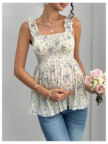 SweatyRocks Women's Maternity Tank Tops Floral Babydoll Blouse Shirts Top - color: Beige Blue, size: Small