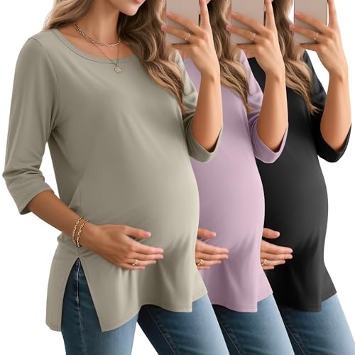 3 Pack Women's 3/4 Sleeve Maternity Loose Crewneck Tops - color: Cement Gray, Gray Purple, Black, size: Small
