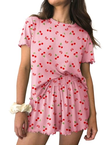 Ekouaer Womens Pajamas 2 Piece Ribbed Knit Pjs Short Sleeve Lounge Sets - color: Cherry, size: X-Large