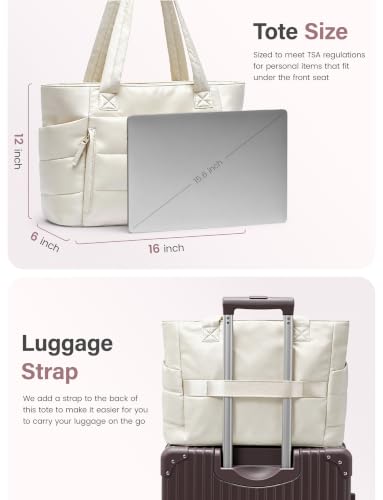 Uselike Tote Bag for Women with Zipper, Quilted Puffer Tote Bag with Compartments, Lightweight Puffy Work Bags for Women - color: Beige