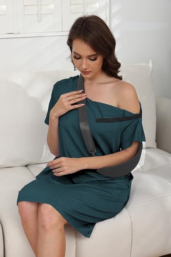 Women's Post Shoulder Surgery Tear Away Dress Short Sleeve Full Open Side Snap Adaptive Clothing with Pockets - color: Dark Green, size: Medium