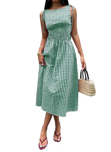 Acelitt Womens Gingham Dress Flowy Maxi Beach Sun Dresses - color: Dark Green, size: Small