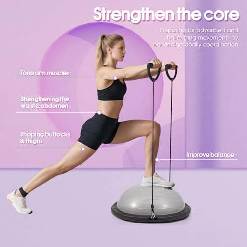 Half Balance Ball Trainer, 26 inch Stability Ball with Resistance Bands, Exercise Ball with Foot Pump, Gray