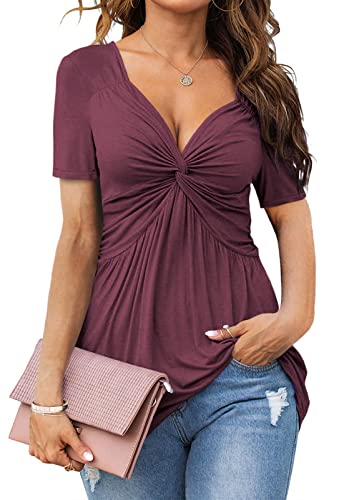 Tankaneo Womens Front Knotted V-Neck Blouse T Shirt Short Sleeve Oversized Tunic Tops Summer Solid Pullover Tees - color: B04-fuchsia, size: X-Large