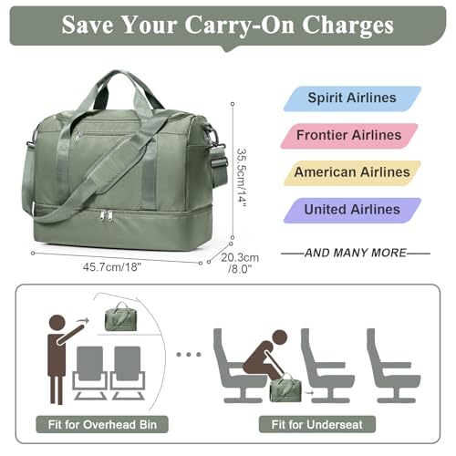 Travel Duffel Bag,Carry-On Overnight Weekender Bags with Shoes Compartment - color: Olive Green, size: Small
