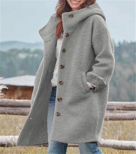 chouyatou Women's Winter Single Breasted Long Wool Coat with Hood Casual Wool Blend Trench Coat Jacket - color: Gray, size: Small
