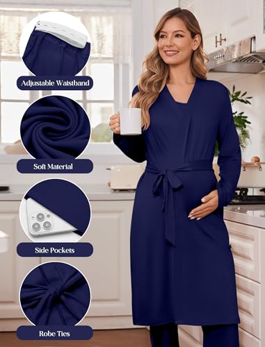 Maternity Sets Labor and Delivery Gown Postpartum Essentials Nursing Pajama - color: Navy Blue, size: XX-Large