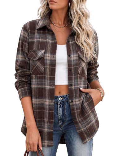 Zeagoo Flannel Shirt Women Plaid Button Down Shackets Long Sleeve Fall Tops - color: Chocolate-gw542, size: X-Large