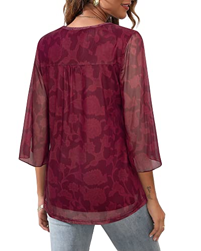 Bebonnie Womens Ruffle 3/4 Sleeve V Neck Double Layers Mesh Blouses Loose Fit Flowy Tunic Tops - color: Berry Red, size: Medium