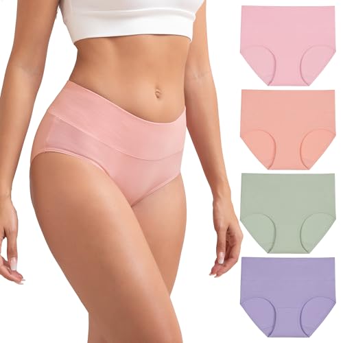 INNERSY Women's Cotton Underwear High Waist Ladies Briefs Full Coverage Panties 4-Pack - color: Macaron, size: Large