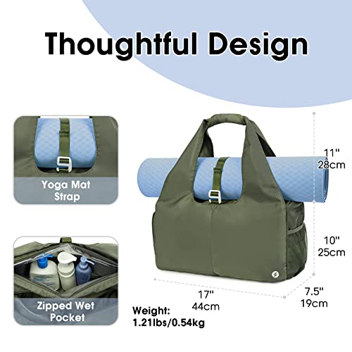 Sportsnew Tote Yoga Mat Gym Bag 20L Women W/Shoe Compartment Wet Dry Pocket - color: Army Green