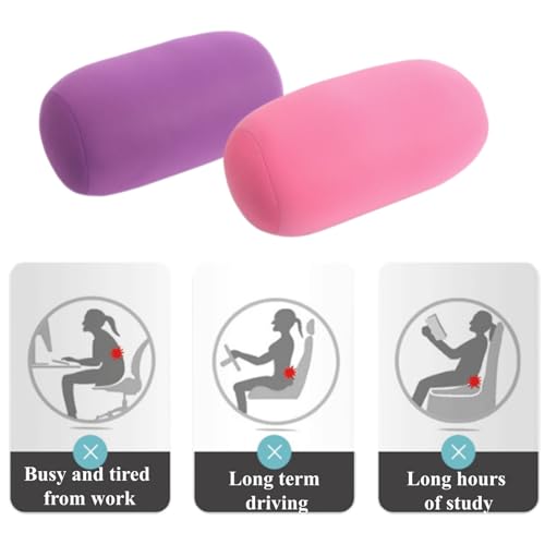 Microbead Bolster Pillow, 2 Pack Cylindrical Neck Roll Pillow, Soft Squishy Tube Cushion for Neck, Back, Lumbar Support, Office Napping, Travel, Home, Pink & Purple