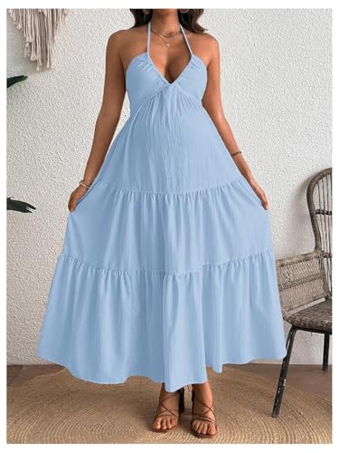 Milumia Women's Maternity Flowy Halter Maxi Dress Summer Sundress - color: Light Blue, size: Large