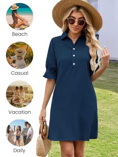FEKOAFE Womens Casual Dress V Neck Short Sleeve Shift Dresses with Pockets - color: Aa-navy Blue, size: Small