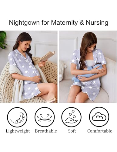 Ekouaer Cotton Nightgowns for Women Button Down Sleep Shirts Night Shirts - color: Grey Star, size: Small