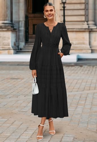 MEROKEETY Womens Fall Puff Long Sleeve Casual V Neck Modest Midi Maxi Dress - color: Black, size: X-Large
