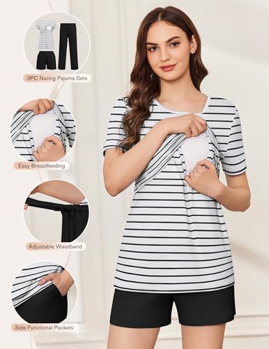 Ekouaer 3 Pack Postpartum Nursing Pajamas Breastfeeding Maternity Clothes - color: Black White Stripes, size: Small