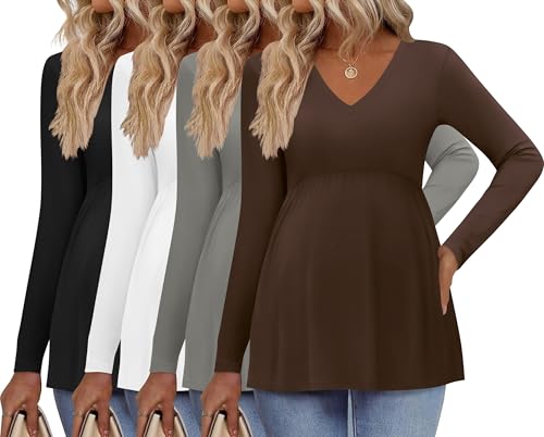 Maternity Shirts for Women Long Sleeve V Neck Fall Tops Clothes 4 Packs - color: Black/Brown/Light Grey/White, size: Small