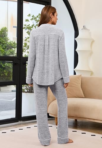 Anjue Pajamas For Women Set Long Sleeve Button Up Sleepwear Soft Pjs - color: 1grey, size: Large
