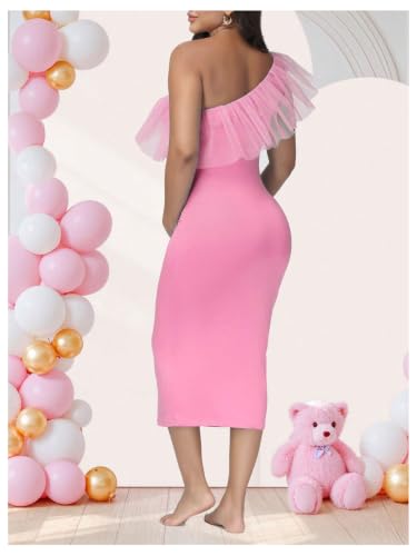 OYOANGLE Women's Maternity Ruffle One Shoulder Dress Bodycon Midi Dresses - color: Pink, size: Medium