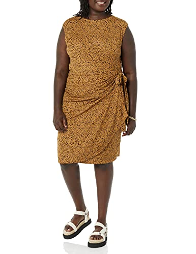 Amazon Essentials Women's Cap Sleeve Boat-Neck Faux Wrap Pleated Matte Jersey Dress - color: Dark Camel, Leopard, size: X-Small