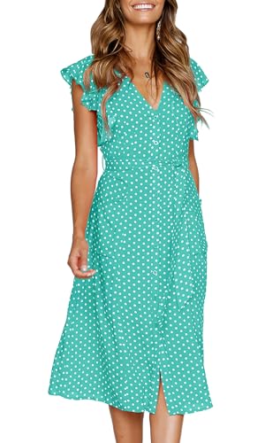 MITILLY Women's Boho Polka Dot Flutter Short Sleeve V Neck Button Down Swing Midi Dress with Pockets - color: 12 Lake Green, size: Small