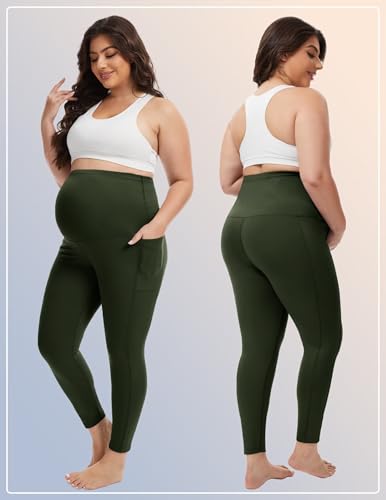 Happy.angel Plus Size Maternity Leggings with Pockets,Women Pregnancy Pants - color: Olive, size: X-Large