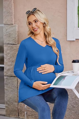 Ekouaer Maternity Shirts for Women Long Sleeve V Neck Fall Tops Clothes - color: Blue, size: Small