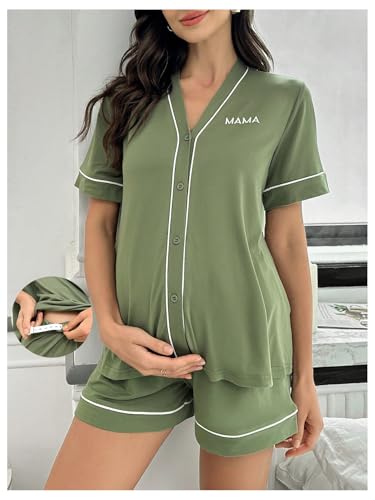 OYOANGLE Women's Maternity Pajamas V Neck Short Sleeve Button Down Shirt and Shorts 2 Piece loungewear - size: Large