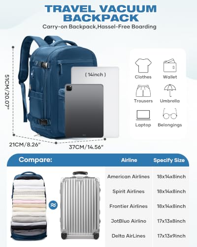suradar Vacuum Backpack Travel with Pump,Travel Backpack with One Button Vacuum System Vacpack Sealed Compression Airbag Carry on Flight Approved Laptop Backpack Space Saver Bags Blue - color: B2-peacock Blue