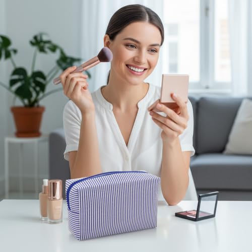 Sanwuta 6 Pcs Seersucker Cosmetic Bags Bulk, Striped Zippered,Navy Blue - color: Navy Blue