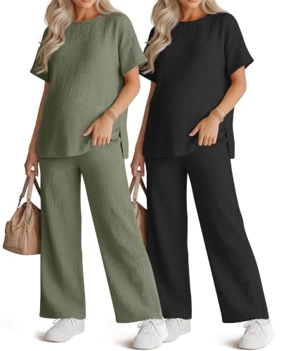Ficerd 4 Pcs 100% Cotton Muslin Maternity Pajamas Lounge Sets - color: Army Green, Black, size: Large