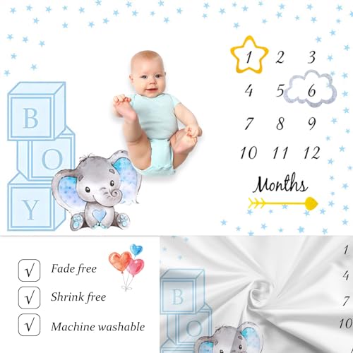 Blue Little Stars Cute Elephant Baby BOY Monthly Milestone Blanket