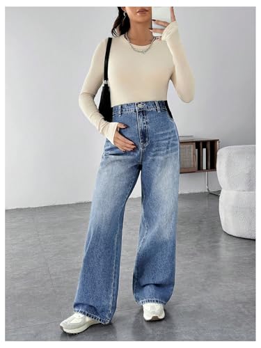 MakeMeChic Women's Maternity Jeans Loose Fit Over The Belly Pants - color: Blue and White, size: Medium