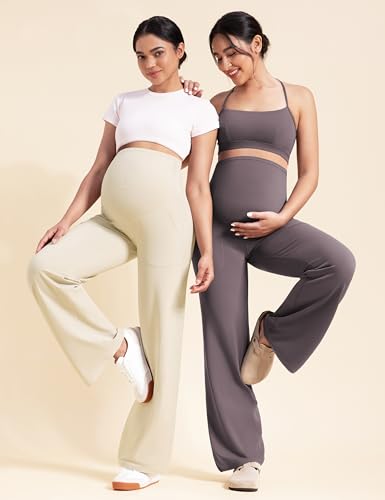 POSHDIVAH Creamluxe Maternity Wide Leg Pants Pregnancy Work Trousers - color: Taupe, size: X-Large