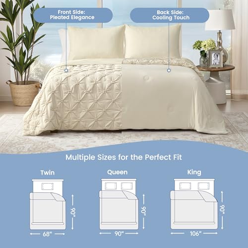 Amélie Home Elegant Pintuck Cooling Comforter Queen Size, Creamy Beige - color: Creamy Beige, size: Full/Queen (90''x90'')
